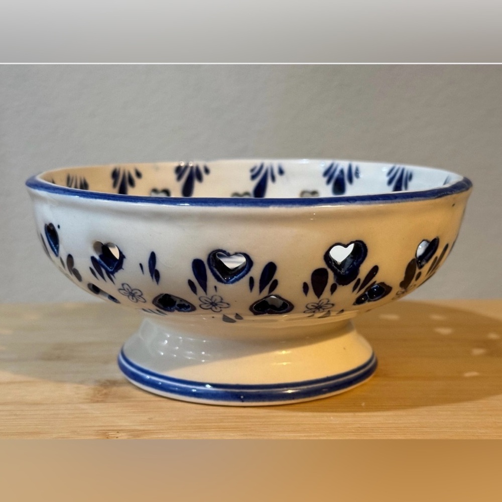 Vintage Art Pottery Blue and White Basket with Heart Cutouts